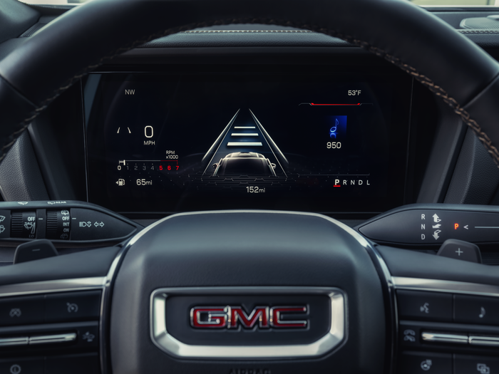 2026 GMC Terrain digital driver display showing advanced driver assistance graphics and modern SUV instrument cluster technology.