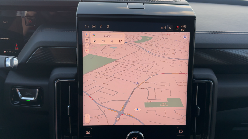 Close-up of 2026 GMC Yukon XL Elevation 16.8-inch touchscreen displaying Google Maps navigation with built-in infotainment system