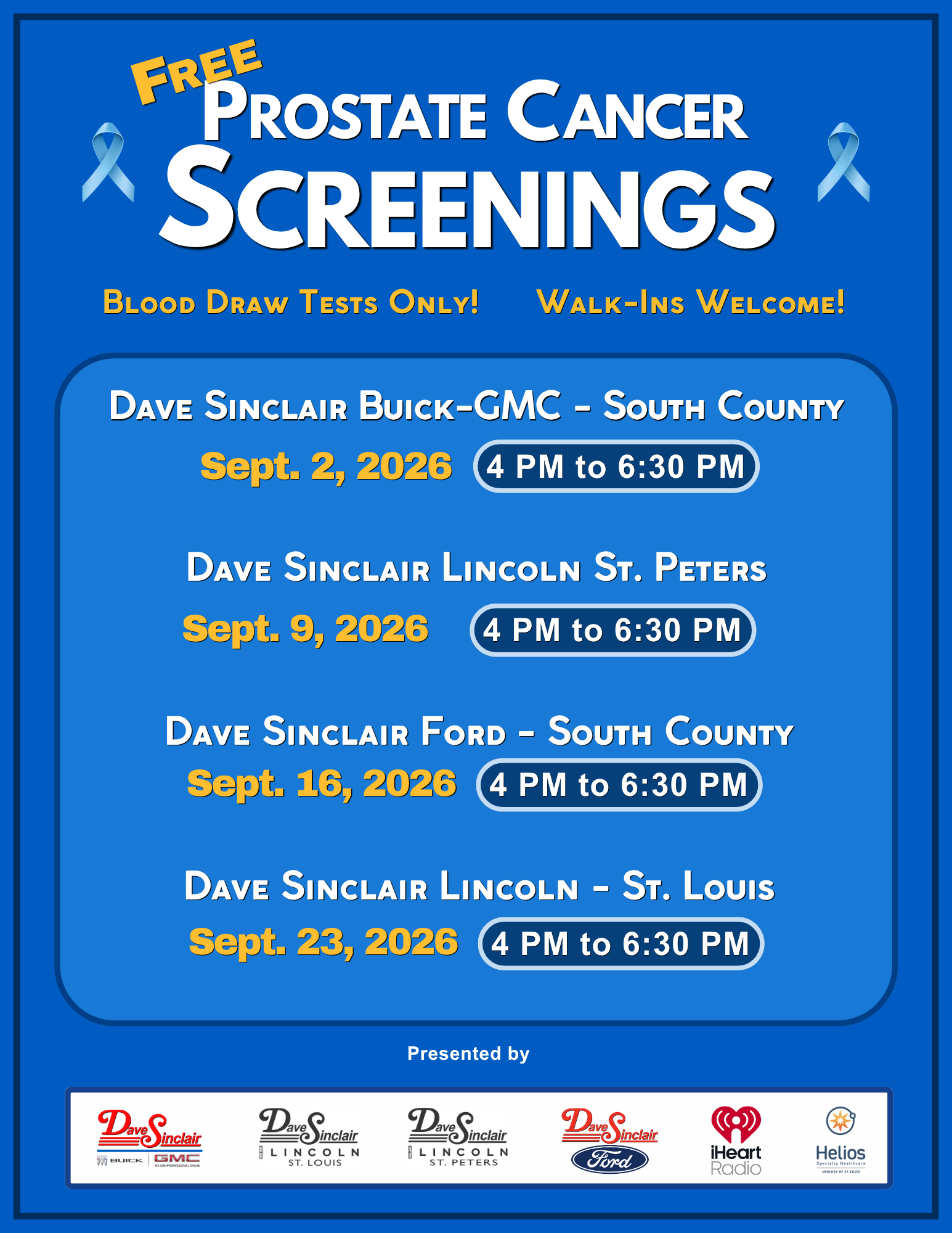 2026 Dave Sinclair prostate cancer screening dates and dealership locations
